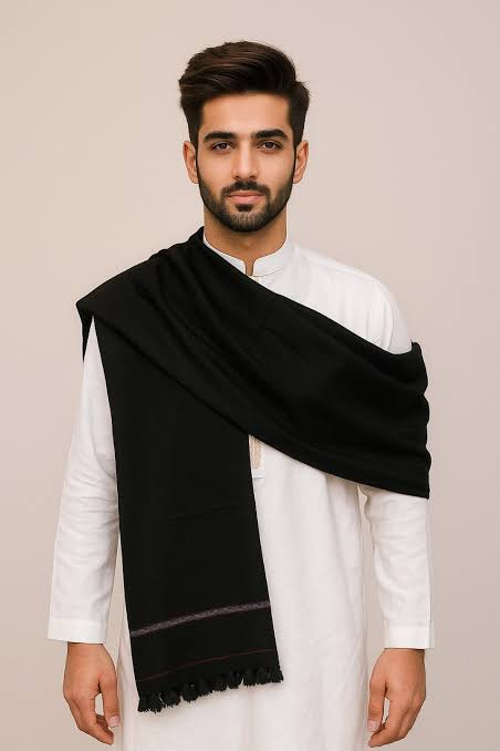 Men Wool Shawl Black 2.5 Gaz – Winter Warm Formal Wrap with Decorative Border | Premium Quality