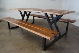 Custom Reclaimed Wood Rustic Modern Industrial Indoor Outdoor Exterior Picnic Dining Table Patio Restaurant Commercial Grade Metal Picnic Tables Wood Steel Metal Furniture