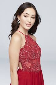 Chiffon A Line Halter Dress With Corded Embroidery David S Bridal Necklines For Dresses Dresses Halter Dress