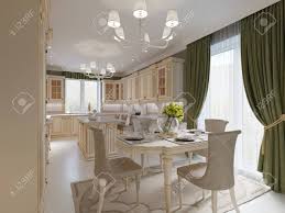 Inspiration for a timeless dark wood floor and brown floor dining room remodel in austin with beige walls. Bright Beige Luxury Dining Room With Elegant Classic Furniture Stock Photo Picture And Royalty Free Image Image 113851258