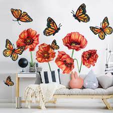 Wild Poppy Butterfly Watercolor Floral Wall Decal Sticker Bundle Butterfly Wall Decals Floral Wall Decals Wall Painting