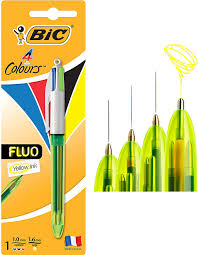Amazon.com : BIC 4 Colours Fluo Ballpoint Pen Black, Blue, Red and  Fluorescent Yellow Ink Colours 1 Pack : Office Products