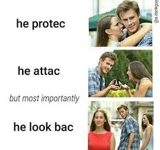 He Protec He Attac But Most Importantly He Look Bac Fun Quotes Funny Memes Funny Memes