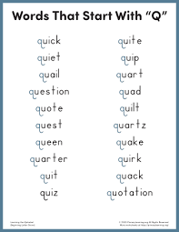 The grid features lower case letters. Words That Start With Q For Kindergarten Primarylearning Org