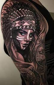Although we may not know the symbolic meaning of indian headdress, many people find them to be beautiful works of art. Indian Girl With Headdress And Face Paint By Dale Walsh Native Tattoos Indian Girl Tattoos Headdress Tattoo