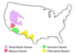 Shows drainage, relief by hachures, state boundaries, place names, and some trails in the western half of the map. The North American Deserts Desertusa