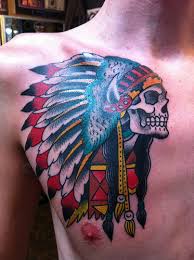 Some will combine indian skull designs with various ribbons containing sayings or messages that the wearer finds important or meaningful. Native American Skull Tattoo On Man Right Front Shoulder