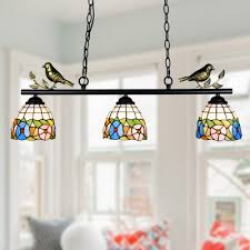 Flower Linear Chandelier With Bird 3 Lights Tiffany Style Stained Glass Island Light For Kitchen Beautifulhalo Com