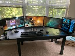 Finally Figured Out How To Manage My Cables Drilled Small Holes To Run Keyboard Mouse And Mousepad Wires Under The Desk To A Gaming Room Setup Desk Room Setup