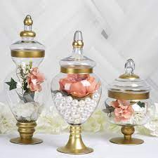 4.3 out of 5 stars, based on 8 reviews 8 ratings current price $46.29 $ 46. Set Of 3 Gold Trimmed Glass Apothecary Candy Jars With Lids 10 14 16 Tableclothsfactory