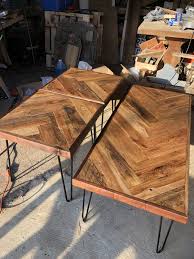 Replicated blackened wood finish with gray textural grain. Herringbone Tables Bedside Table Diy Rustic End Tables Diy Coffee Table