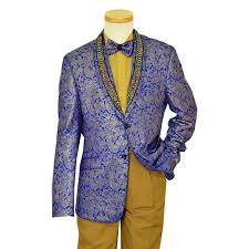 Stepping out with fiancée will be a delightful experience when groomsmen wear royal blue suits. Giovanni Testi Royal Blue Gold Paisley Design Rhinestone Shawl Collar Blazer With Bow Tie Gt2ssc 758 199 95 Upscale Menswear Upscalemenswear Com