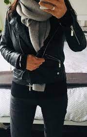 Black On Black Winter Casual Black Leather Jacket Black Jumper Oversized Grey Scarf Black Pant Leather Jacket Outfits Leather Jackets Women Jacket Outfits