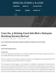 Hisham, sobri & kadir services to investors. Case No 9 Shining Crest Sdn Bhd V Malaysia Building Society Berhad Hsk Lawsuit Consent Decree