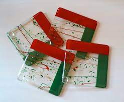 Festive Holiday Fused Glass Coasters Etsy Fused Glass Coasters Stained Glass Christmas Glass Christmas Decorations