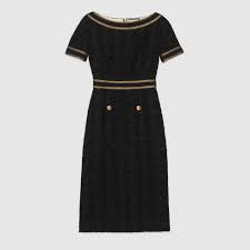 Shop The Black Tweed Dress With Decorative Trim At Gucci Com Enjoy Free Shipping And Complimentary Gift Wra In 2020 Tweed Dress Designer Outfits Woman Long Midi Dress