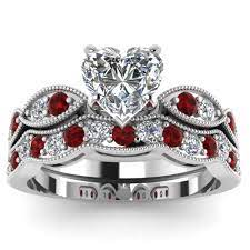 Heart Shaped Diamond Milgrain Weave Wedding Set With Ruby In 14k White Gold Ruby Wedding Rings Womens Wedding Ring Sets Heart Shaped Diamond
