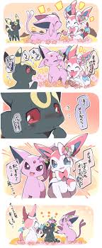 azuma minatsu, espeon, sylveon, umbreon, creatures (company), game freak,  nintendo, pokemon, commentary request, highres, translation request, ^ ^,  blue eyes, blush, bow, closed eyes, flower, forked tail, gen 2 pokemon, gen  6