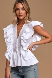 Ruffle definition, to destroy the smoothness or evenness of: Cute White Top Ruffled Blouse Hook And Eye Top Peplum Top Lulus
