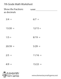 Decimal multiplication worksheet type and range: Seventh Grade Fractions And Decimals Worksheet