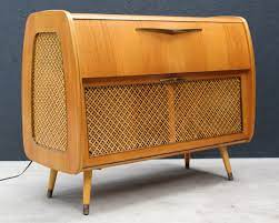 Original atomic era pointed diamond hardware pulls. Cabinet With Record Player Radio 1950s 141359