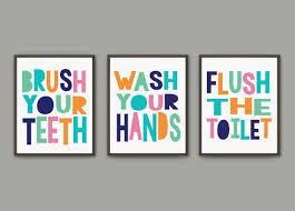 Gender Neutral Kids Bathroom Print Set Brush Wash Flush Etsy Kids Bathroom Print Gender Neutral Kids Bathroom Bathroom Kids