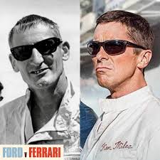 Ford driver Ken Miles is pictured at left and as depicted by Christian Bale  in the movie 'Ford v Ferrari. Ken Miles, a British driver and racing  engineer, was recruited to help