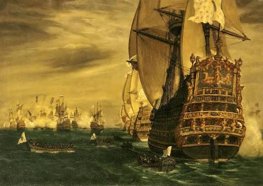 A painting of an engagement between three East India Company ships and two French vessels, 8 March 1757'. Painted by Auteur Lawson Dunn. Three homeward bound East Indiamen, the 'Suffolk', 'Houghton' and '