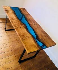 Live Edge English Burr Oak Dining Table With Blue Epoxy Resin Oak Dining Table Dining Table Resin Table