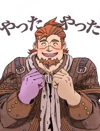 boogeyman (housamo), tokyo houkago summoners, highres, translation request,  1boy, ^ ^, belt, blush, brown hair, closed eyes, colored skin, facial hair,  goatee, hands up, male focus, multicolored hair, purple skin, rentcg, scar,