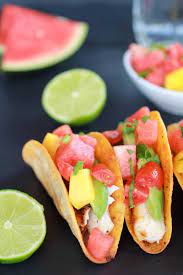 Made this with mahi mahi and used siete gluten free tortillas and it was delicious and super fast! Coconut Lime Mahi Mahi Tacos With Tequila Soaked Watermelon Salsa Half Baked Harvest