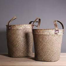 Seagrass Woven Storage Baskets Snack Laundry Basket Handle Cylindrical Compartment Framed Debris Basket Scandi Woven Baskets Storage Storage Baskets Basket