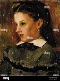 This 19th-century portrait by Pierre-Auguste Renoir depicts Marie Le Cour,  showcasing the artist's mastery in capturing light, texture, and human  expression within the Impressionist style Stock Photo