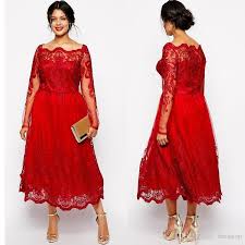 2015 Classy Red A Line Lace Applique Plus Size Dresses Square Neck Long Sleeve Tea Length Part Red Lace Prom Dress Evening Dresses Plus Size Maxi Dress Wedding