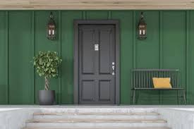 Robins egg paint, front door and shutters of gray brick house. 10 Best Front Door Color Ideas For Green House Materialsix Com