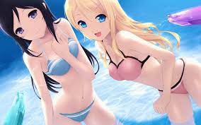 2girls animated aragaki ayase bikini black hair blonde hair blue  eyes bodypaint cait cute fang female female only hair ornament hairclip  human kirino kosaka leaning forward long hair mizugi