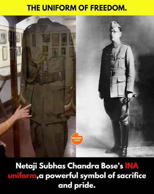 This image is a powerful display of Indian history: the military uniform of Netaji Subhas Chandra Bose. This uniform is a significant artifact from the 1940s when Netaji led the Azad Hind