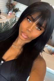 For those with straight hair, a trendy option to try is the angular fringe haircut, a type of side swept fringe. Black Long Straight Hair With Bangs Anatomic 360 Lace Wigs 150 Thick Density Pre Plucked Hairline Premierlacewigs Com