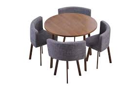 Table Ronde Et Chaises Riga Chene Fonce Et Tissu Gris Ensemble Table Et Chaise Table Et Chaises Chaise Salle A Manger