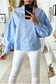 Blue Puff Sleeve Blouse With Rhinestones