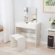 White Vanity Dressing Desk Makeup Table And Stool Set Dresser With Mirror Drawer Uenjoy Contemporar White Vanity Table Bedroom Vanity Set White Vanity Mirror