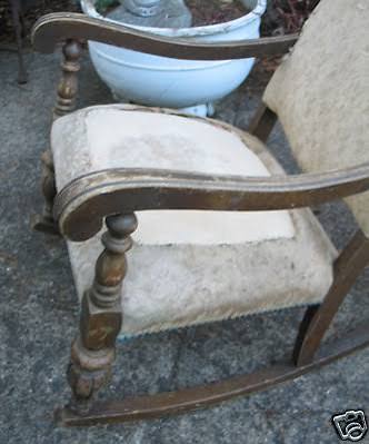 1930's 40's Curvy Antique Rocking Chair Upholstered Carved Legs Turned Wood | #426081690