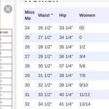 Miss Me Size Chart Womens Sizing Chart For Miss Me Jeans