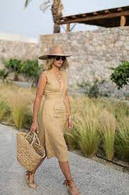 Emma Hill Wears Linen Dress Round Sunglasses Straw Fedora Hat Basket Bag In Casa Cook Kos Greece Hat Outfits Summer Fashion Classy Summer Outfits