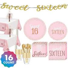 Metallic Rose Gold Pink Sweet 16 Tableware Kit For 16 Guests Party City Pink Sweet 16 Sweet 16 Parties Sweet 16 Birthday Party