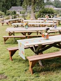 Picnic Tables At Emily And Justin S Picnic Wedding Reception Picnic Table Wedding Bbq Wedding Reception Wedding Backyard Reception