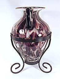 Hand Blown Glass Amphora In Scrolled Metal Stand Hand Blown Glass Glass Blowing Vintage Vases