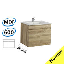 This airy vanity style is a designer favorite because it minimizes visual clutter, provides bathroom storage and creates an illusion of a larger space. 600mm Narrow Wall Hung Bathroom Vanity White Oak Myhomeware