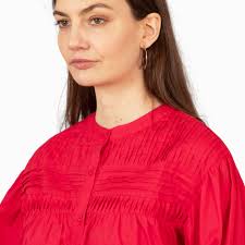 Sarta Long Sleeve Red Cotton Shirt Pleated Button Down Summer Blouse