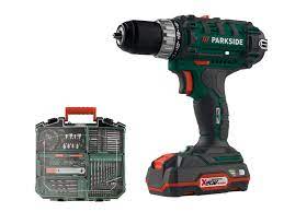 Kompatibel mit allen geräten der serie „parkside x 20 v team bemessungsspannung: Parkside Akku Bohrschrauber Pabs 20 Li Mit 2 Lithium Ionen Akkus 73 Teiliges Zubehor Lidl De